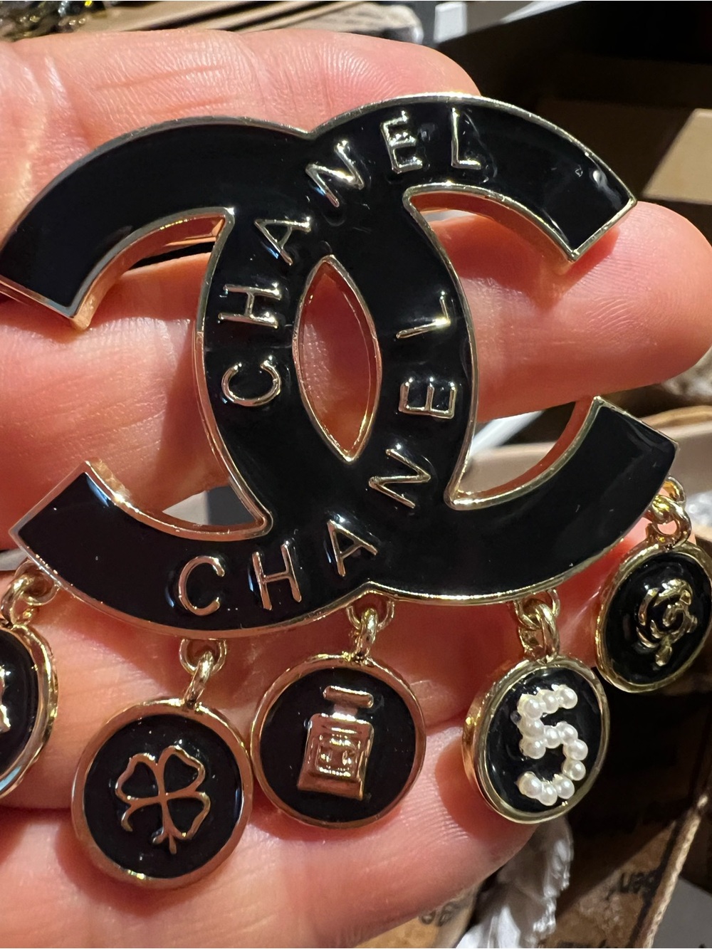 Black and Gold Double C Logo Brooch with Dangling Charms unbrand fashion